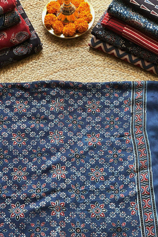 Blue Starry Modal Silk Ajrakh Fabric (Per Meter)
