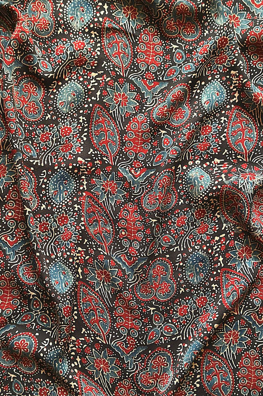 Black Flora Modal Silk Ajrakh Fabric (Per Meter)
