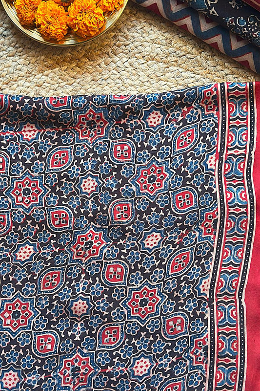 Black Minkundi Modal Silk Ajrakh Fabric (Per Meter)