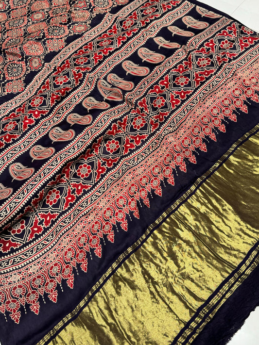 Navy Blue Ajrakh Hand Block Modal Silk Saree With Zari Pallu