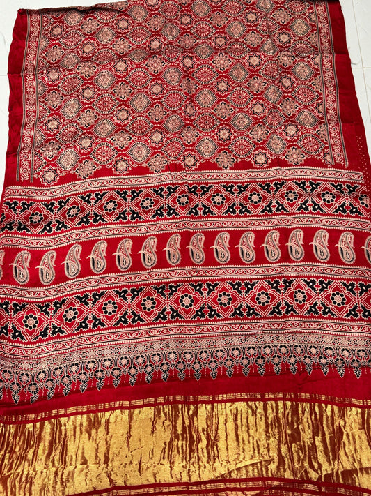 Red Ajrakh Hand Block Modal Silk Saree With Zari Pallu