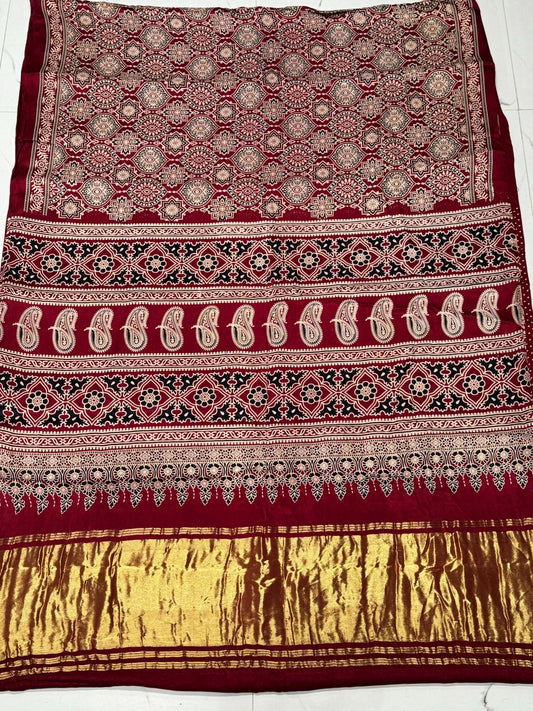 Maroon Ajrakh Hand Block Modal Silk Saree With Zari Pallu