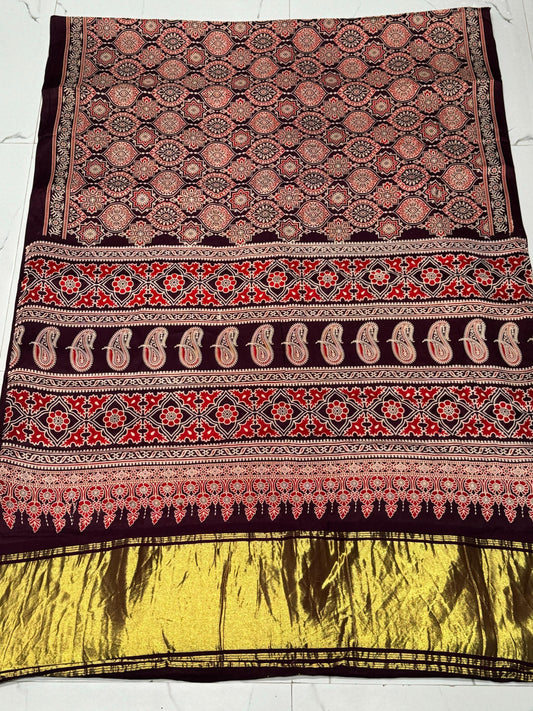 New Wine Ajrakh Hand Block Modal Silk Saree With Zari Pallu