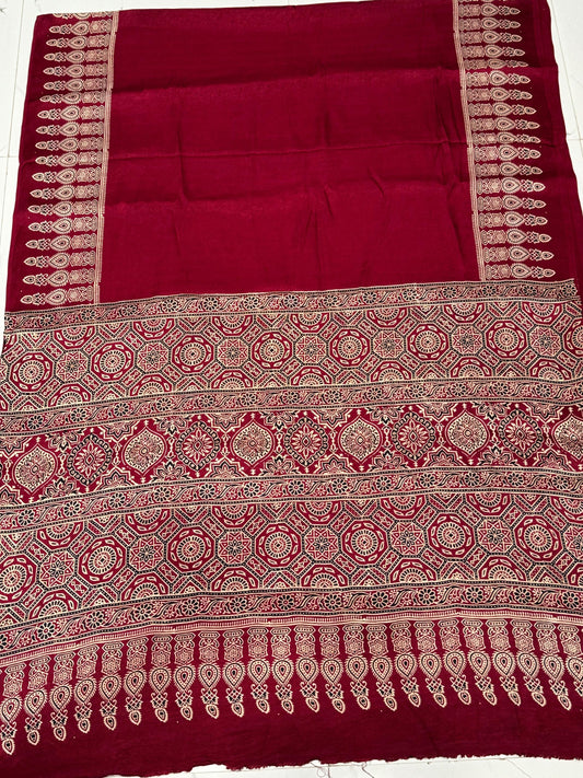 Maroon Ajrakh Hand Block Modal Silk Saree With Fancy Ajrakh Pallu and Border
