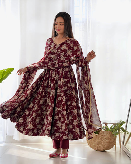 Dark Maroon Heavy Pure Fox Georgette Multi Floral Print Suit