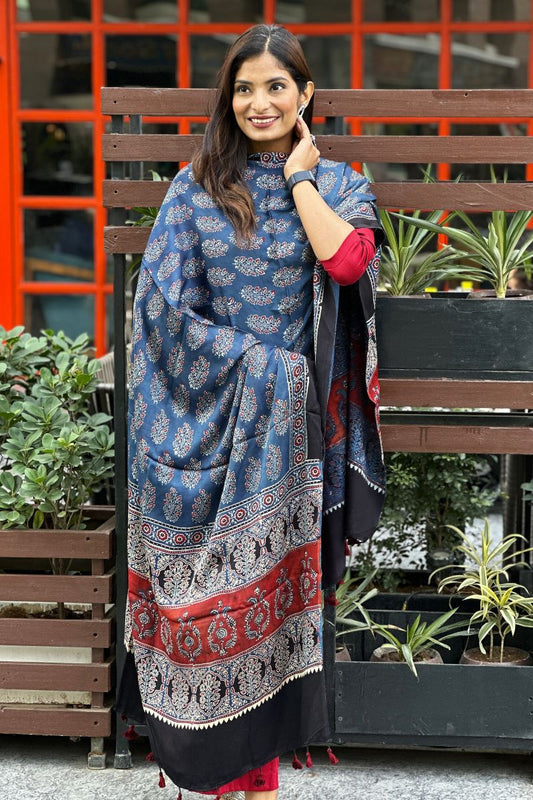 Indigo Floral Modal Silk Ajrakh Dupatta