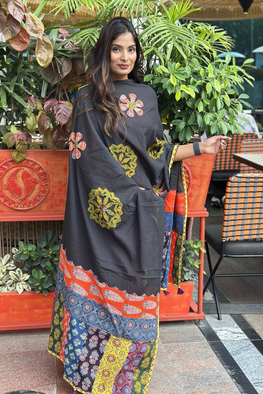 Black Applique Patch Work Cotton Ajrakh Dupatta