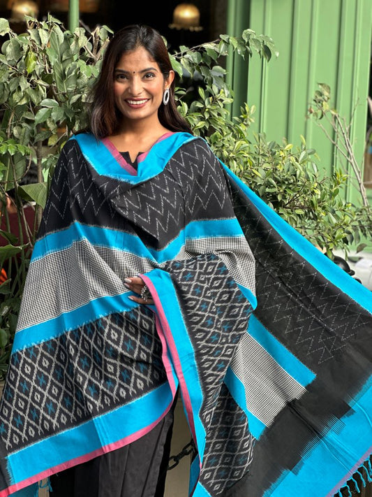 Black Firozi Trio Handwoven Ikat Cotton Dupatta