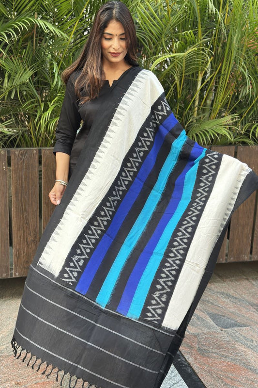 Black Firozi Stria Handwoven Ikat Cotton Dupatta
