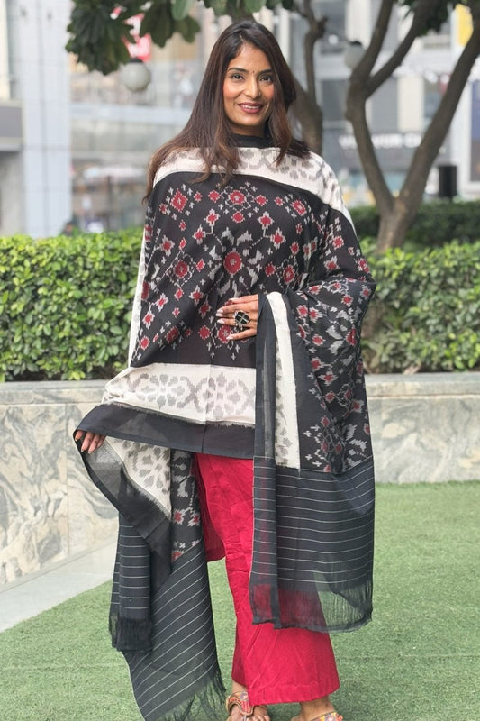 Black Jaal Handwoven Ikat Cotton Dupatta