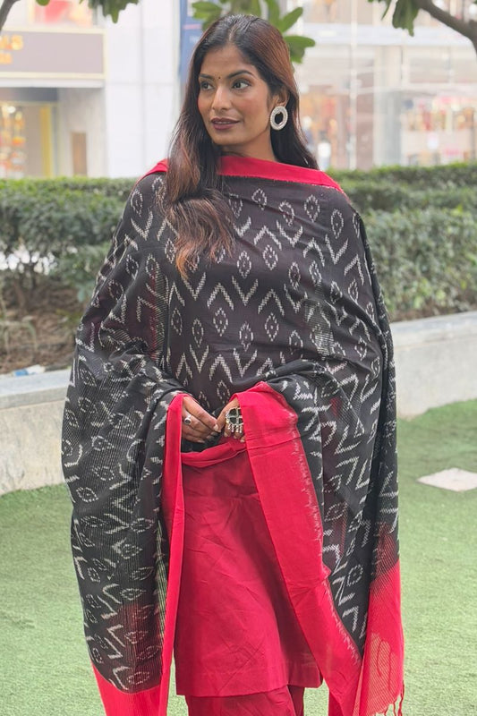 Black Impression Handwoven Ikat Cotton Dupatta