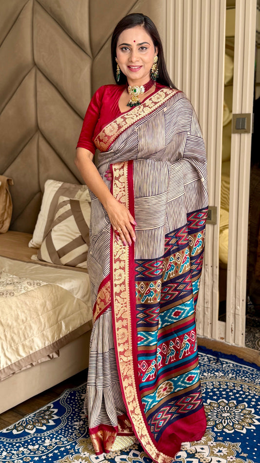Wine With Maroon Border Ajrakh Kashmiri Modal silk Saree With Blouse