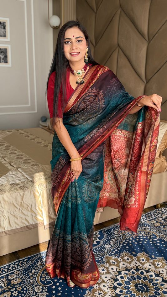 Arcane Blue Ajrakh With Kalamkari Design Maslin silk Saree With Blouse
