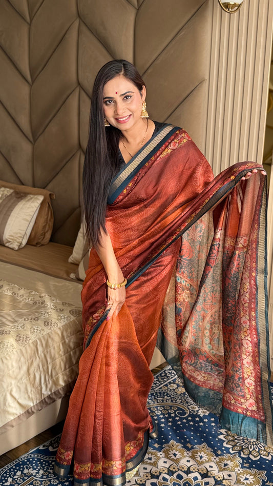 Bronze Orange Ajrakh With Kalamkari Design Maslin silk Saree With Blouse