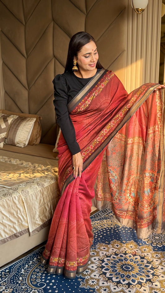 Crimson Maroon Ajrakh With Kalamkari Design Maslin silk Saree With Blouse