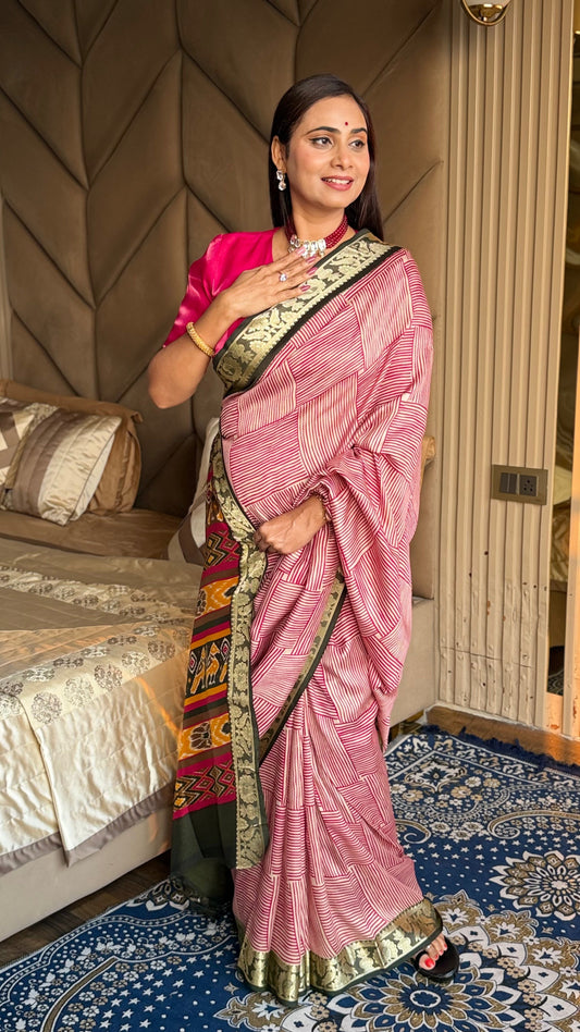 Pink With Black Border Ajrakh Kashmiri Modal silk Saree With Blouse