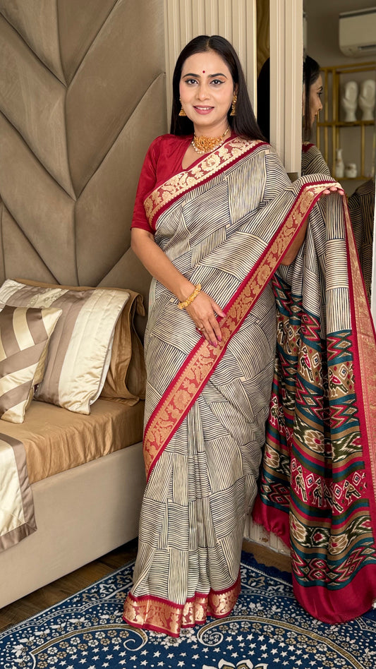 Cream With Black Pallu Ajrakh Kashmiri Modal silk Saree With Blouse