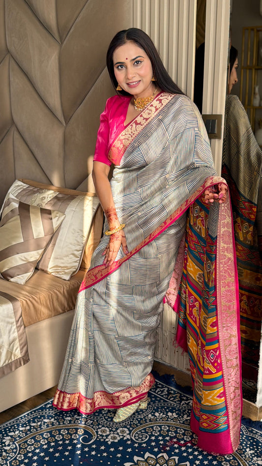 Sky With Rani Border Ajrakh Kashmiri Modal silk Saree With Blouse