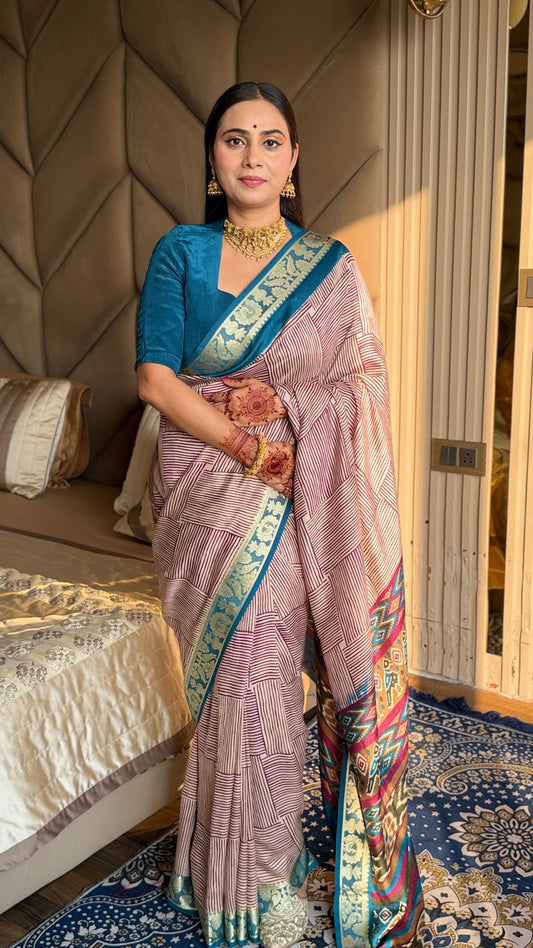 Purple With Rama Border Ajrakh Kashmiri Modal silk Saree With Blouse