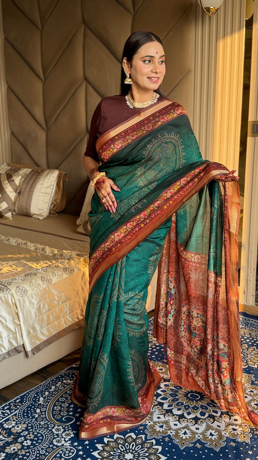 Ember Green Ajrakh With Kalamkari Design Maslin silk Saree With Blouse