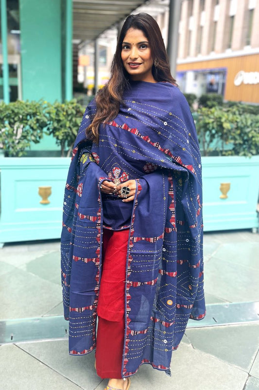 Blue Mirage Applique Cotton Ajrakh Dupatta