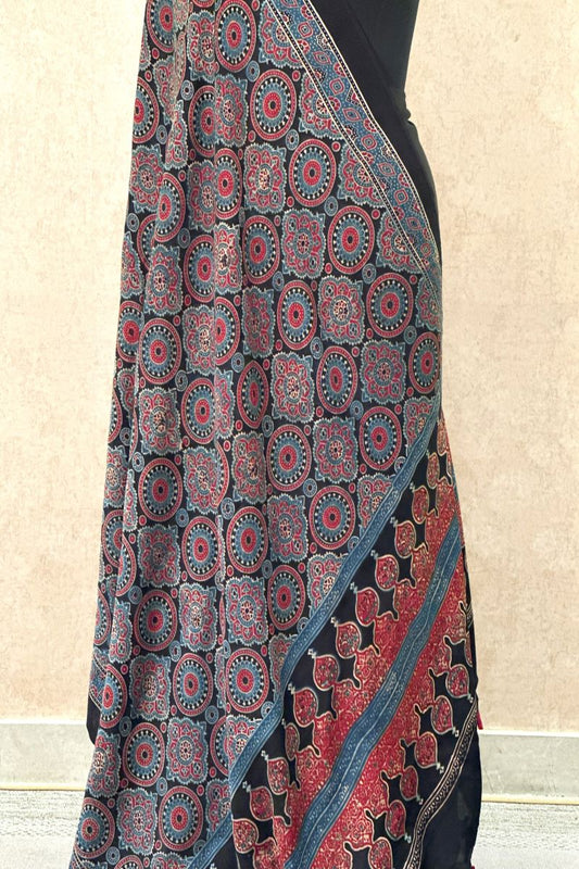 Black Madhgalo Ring Modal Silk Ajrakh Dupatta