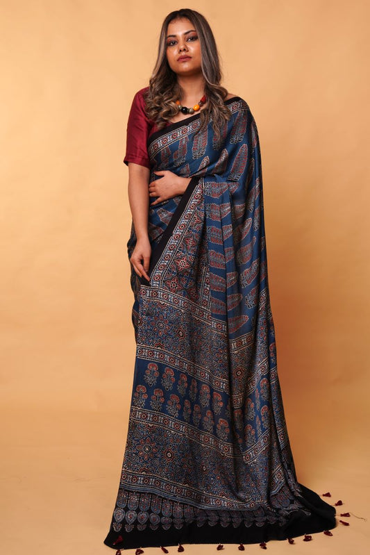Indigo Asopalav Ajrakh Modal Silk Saree
