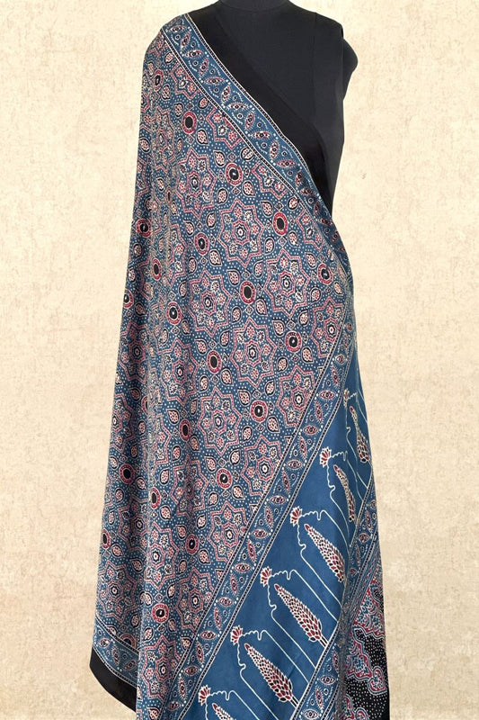 Indigo Minkundi Pine Modal Silk Ajrakh Dupatta