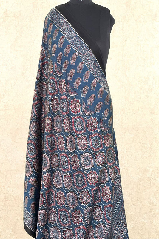 Indigo String Paisley Modal Silk Ajrakh Dupatta