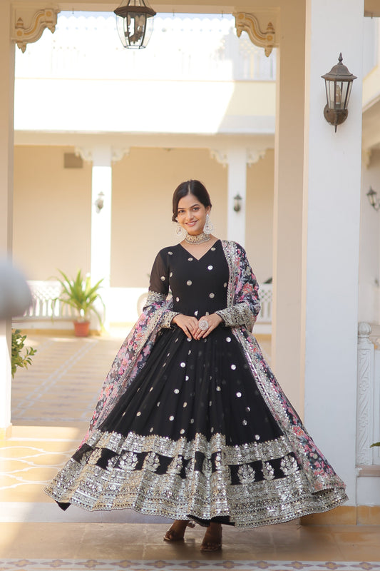 Faux Georgette Designer Black Color Wedding Gown With Dupatta