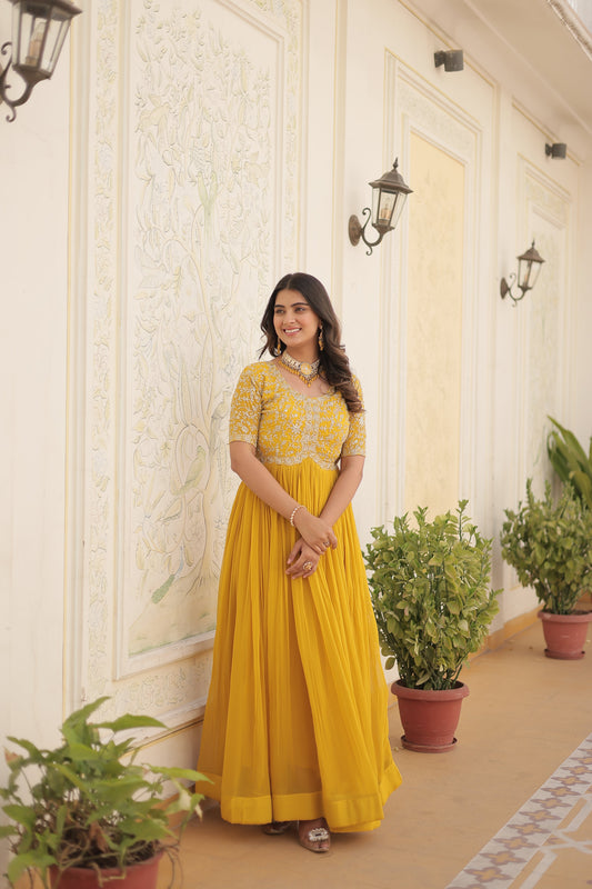 Yellow colour faux georgette trending heavy work fully stitched gown