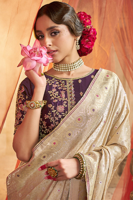 Resonant Beige Banarasi Satin Silk Saree With Winsome Blouse