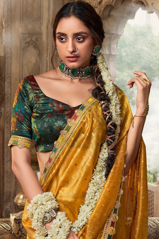 Resonant Mustard Pure Tissue Banarasi Silk Saree With Vivacious Blouse Piece