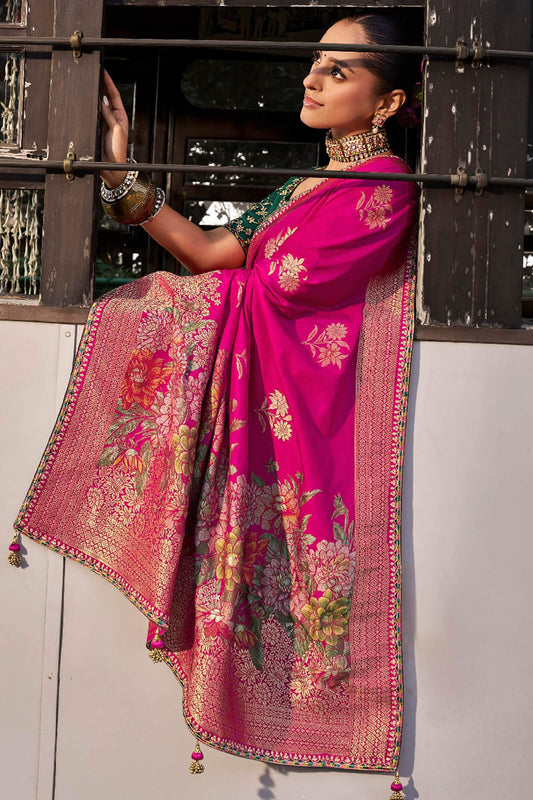 Sempiternal Dark Pink Pure Viscose Dola Silk Saree With Stylish Blouse Piece