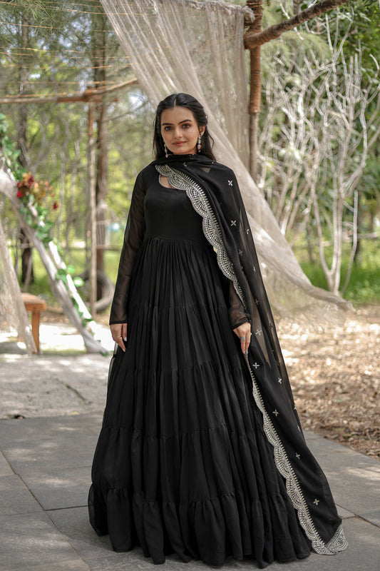 Party Wear Black Color Plain Long Gown With Dupatta