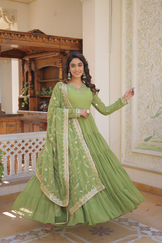 Parrot-Green Coloured Faux Georgette with Embroidered work Gown With Dupatta