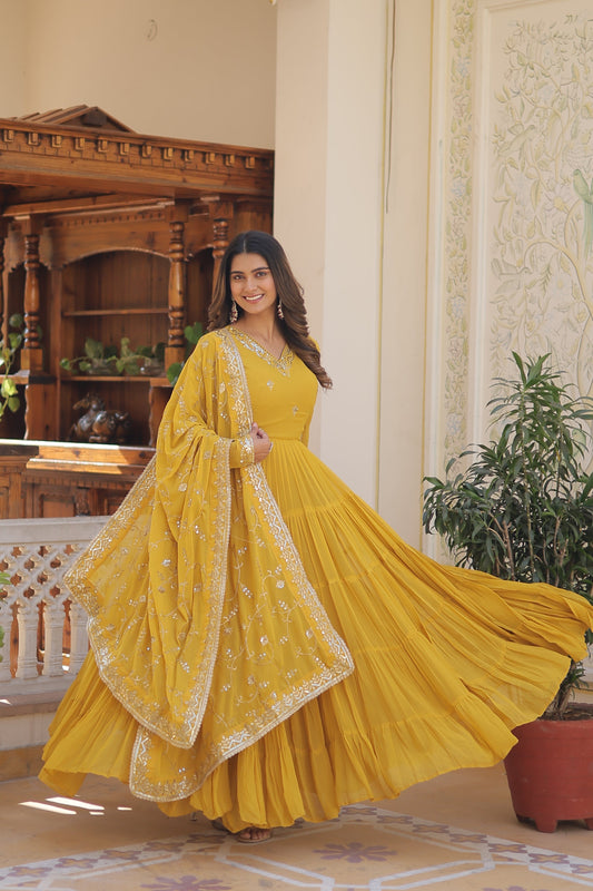 Yellow Coloured Faux Georgette with Embroidered work Gown With Dupatta