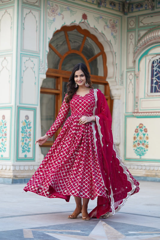 Rani Pink Embroidered Faux Blooming Gown with Sequin Dupatta