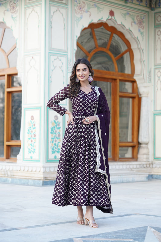 Wine Embroidered Faux Blooming Gown with Sequin Dupatta