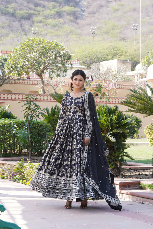Designer Party Wear Anarkali Gown – Viscose Jacquard with Sequins Embroidery & Russian Silk Dupatta
