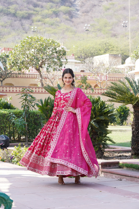 Designer Party Wear Anarkali Gown – Viscose Jacquard with Sequins Embroidery & Russian Silk Dupatta