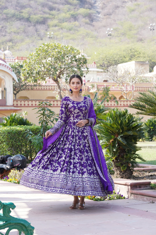 Designer Party Wear Anarkali Gown – Viscose Jacquard with Sequins Embroidery & Russian Silk Dupatta