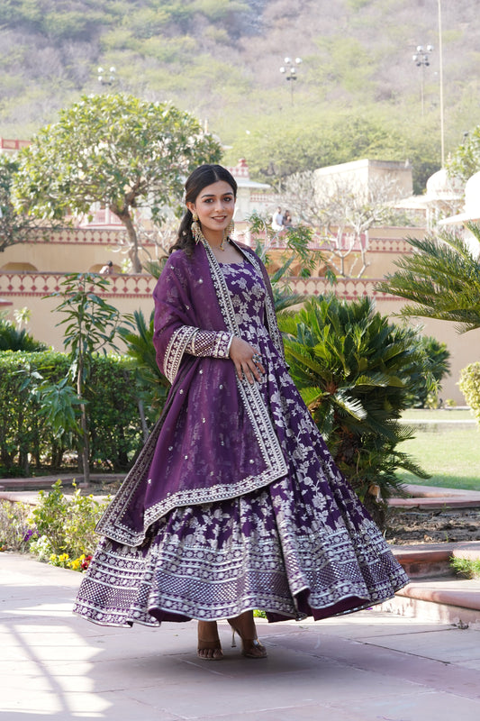 Designer Party Wear Anarkali Gown – Viscose Jacquard with Sequins Embroidery & Russian Silk Dupatta