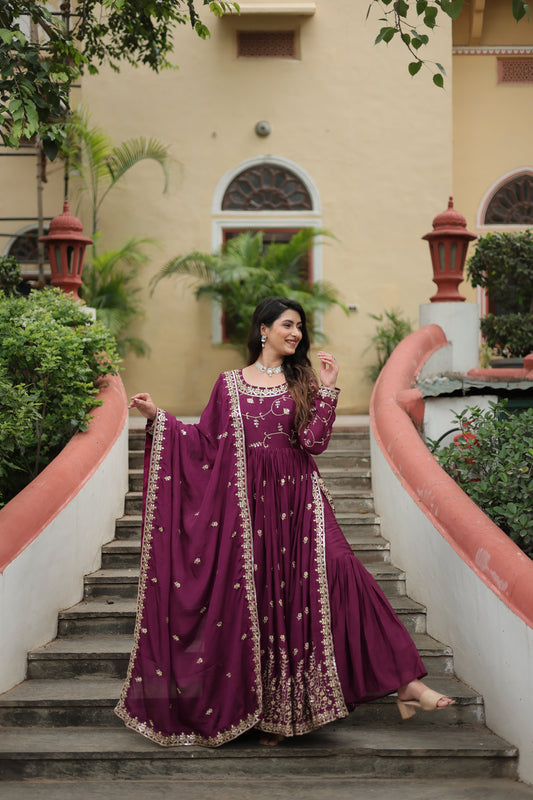 Wine Designer Readymade Top-Sharara-Dupatta Sequins Embroidered Chinon Suit