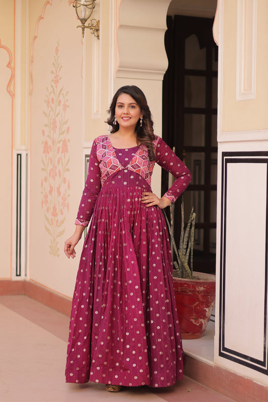 Premium Readymade Gown with Position Print Choli Design With Staple Jequard