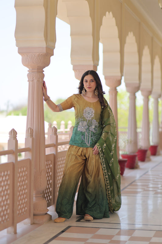 Mehandi Chinnon Print With Beads Embroidered Work Sharara Suit