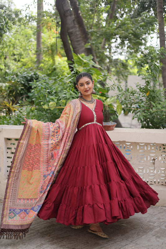 Appealing Maroon Lace Work Rayon Traditional Gown With Dupatta