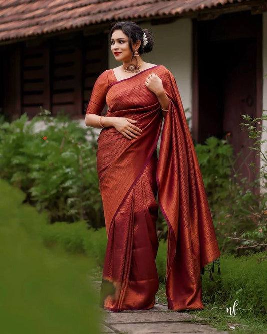 Maroon Soft Silk Saree With Demure Blouse Piece