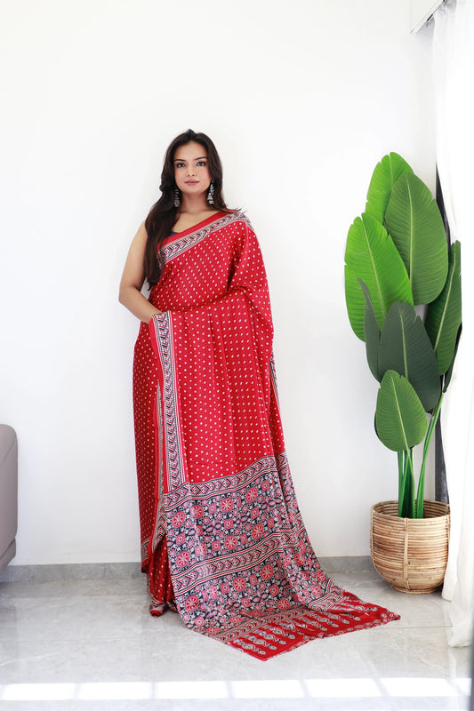 Maroon Bandhani With Ajrakh Printed Soft Modal Silk Natural Print Saree