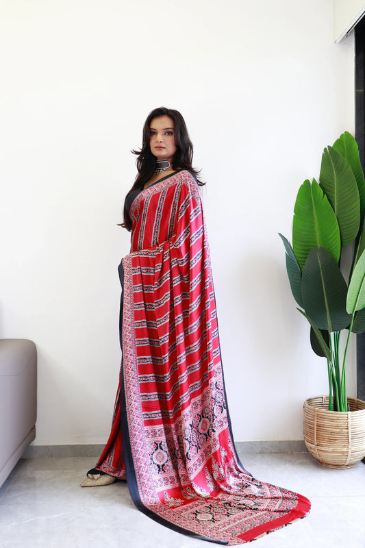 Black And Maroon Ajrakh Printed Soft Modal Silk Natural Print Saree